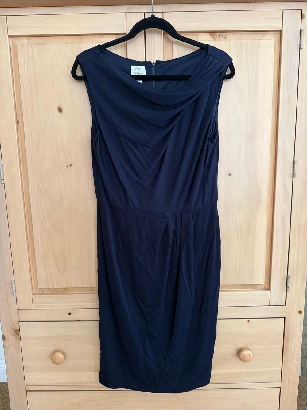 Sz 12 Elegant Navy Sheath Dress with Drape Neckline
